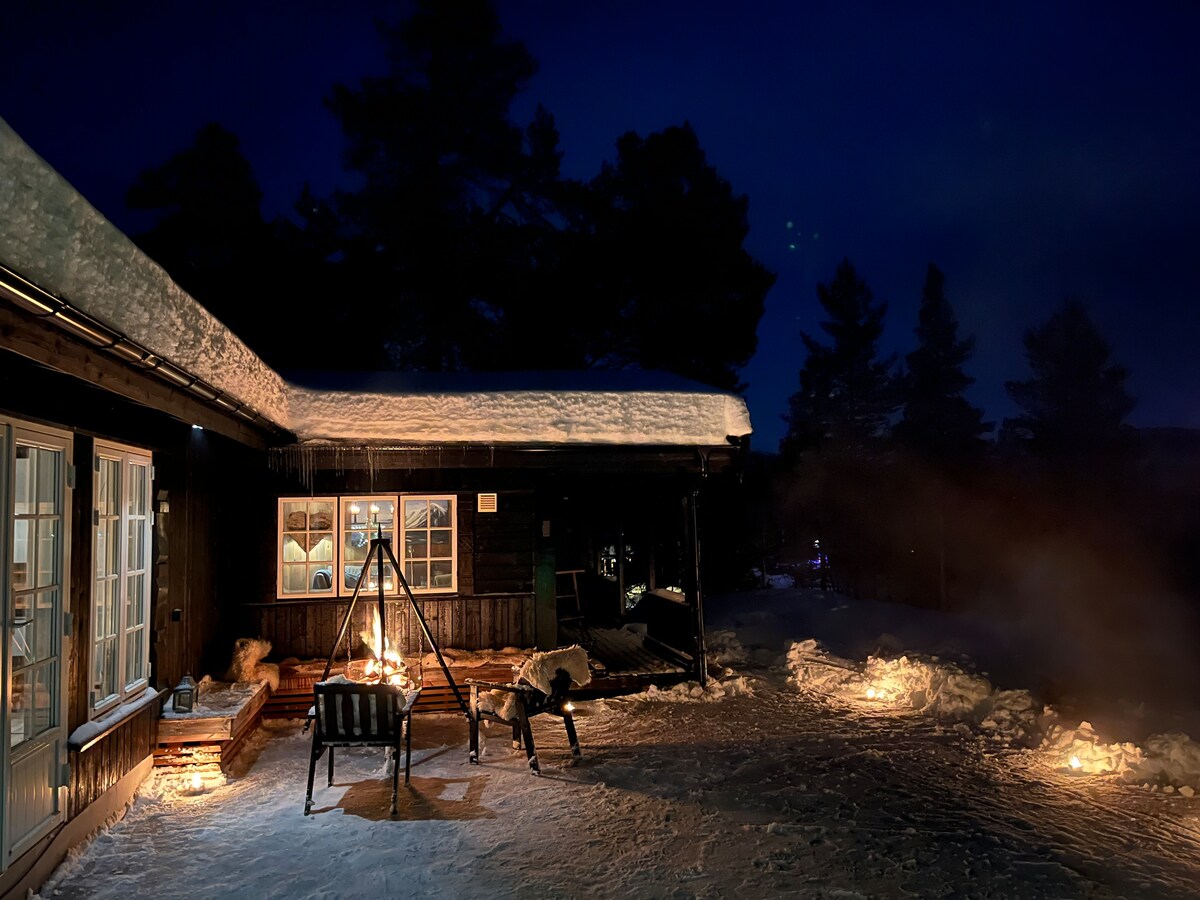 A tranquil cabin exterior is illuminated by soft lighting against a dark night sky. A cozy seating area is visible, with a swing and chairs placed near a fire pit surrounded by snow. Pine trees frame the scene, enhancing the serene atmosphere.
