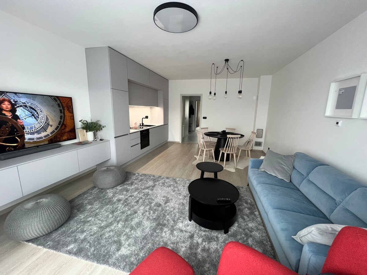 An open-plan living area is displayed, featuring a light grey rug that anchors the seating space. A modern blue sofa and a red armchair are positioned for comfort, complemented by minimalist black tables. A wall-mounted television is visible, alongside a sleek kitchen with light cabinetry.