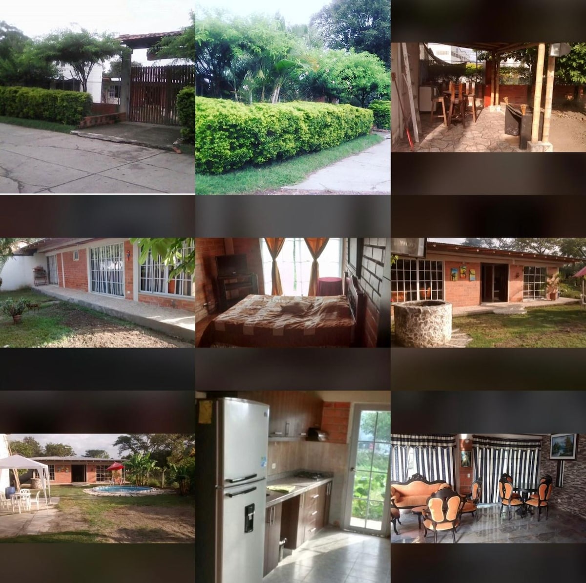 A well-maintained garden surrounds the entrance, featuring lush greenery and neat hedges. The interior includes a spacious living area with large windows, a cozy bedroom with natural light, a fully-equipped kitchen, and a dining area showcasing wooden furnishings, providing a comfortable atmosphere.