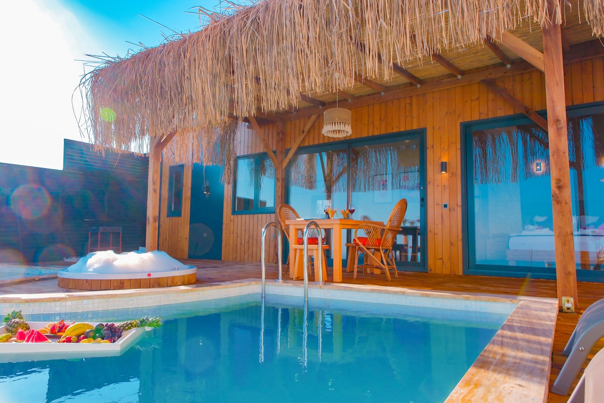 An outdoor terrace features a small swimming pool surrounded by wooden decking. A dining table with chairs is set for a meal, accompanied by colorful fresh fruit. The structure boasts a thatched roof, and large windows offer views of the interior space.