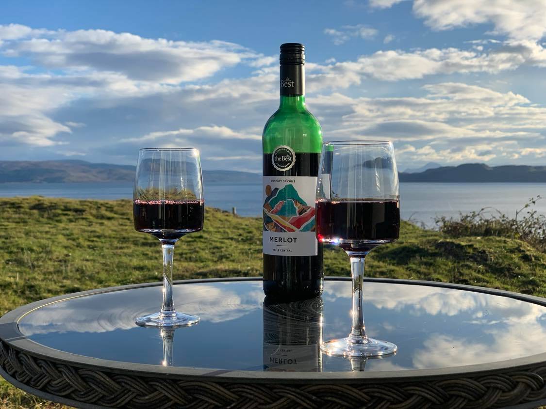 A table is set on a grassy area, featuring two glasses filled with red wine beside a bottle labeled 'Merlot'. The serene view of the water and hills is visible in the background, reflecting the colors of the sky.