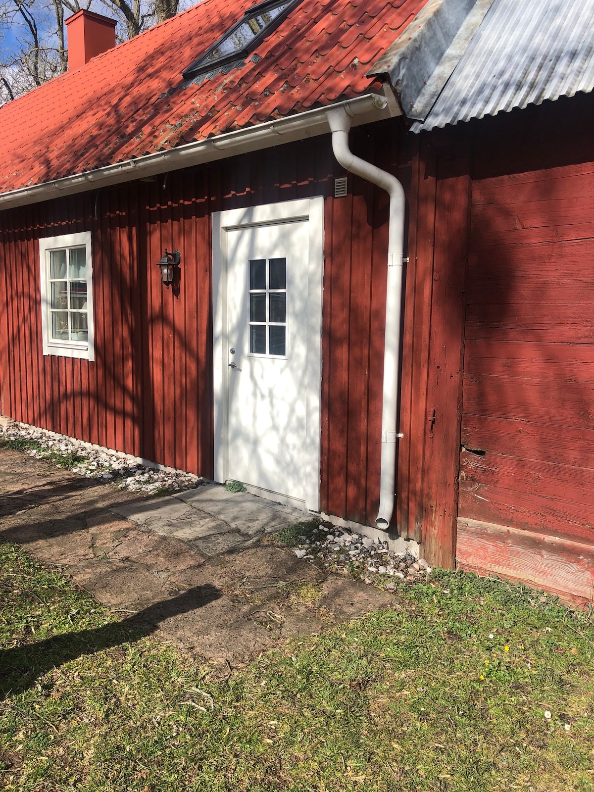 A charming red wooden exterior is featured, with a white door framed by a series of windows. The pathway leading to the door is bordered by small stones and bordered by grassy areas. Natural light casts gentle shadows across the structure.