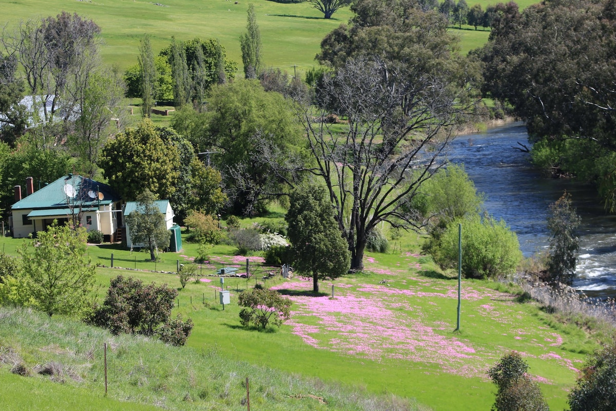 The cottage, surrounded by lush greenery and vibrant flowers, is positioned near a gently flowing river. The outdoor area features a variety of trees and plants, with a scenic view of the water visible in the background.