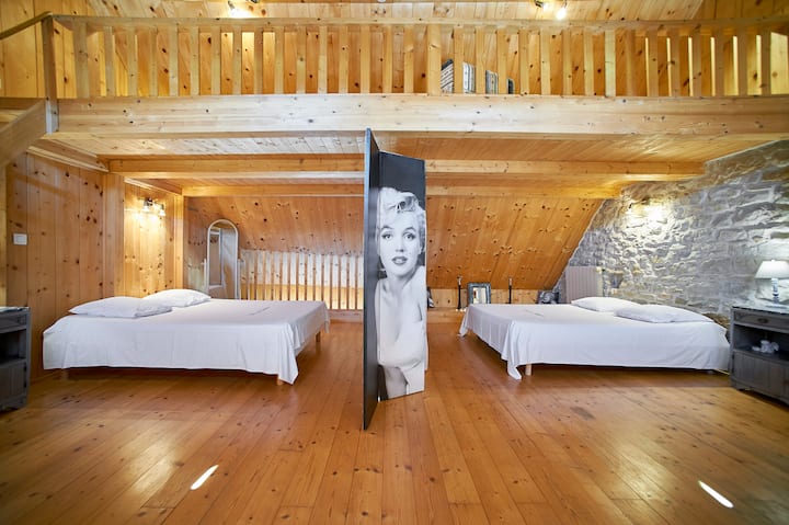 Family nest (sleeps 4) under the rooftops, bathed in stars via 2 velux

Spacious and bright mezzanine bedroom: 2 welcoming 160/200 double beds, separated by cabinets and a screen, invite nights of restful sleep. 