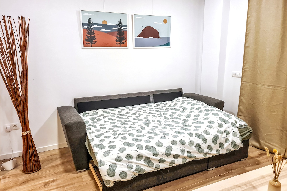 Kitanda cha sofa cha watu 2 chenye starehe sana sebuleni ambacho hubadilika kwa sekunde chache.