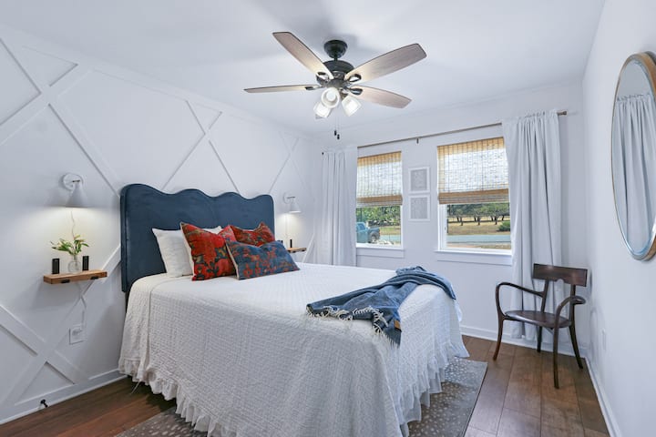 Bedroom 2 showcases a beautiful Lulu & Georgia headboard with a luxurious Beautyrest Queen pillow top mattress 

