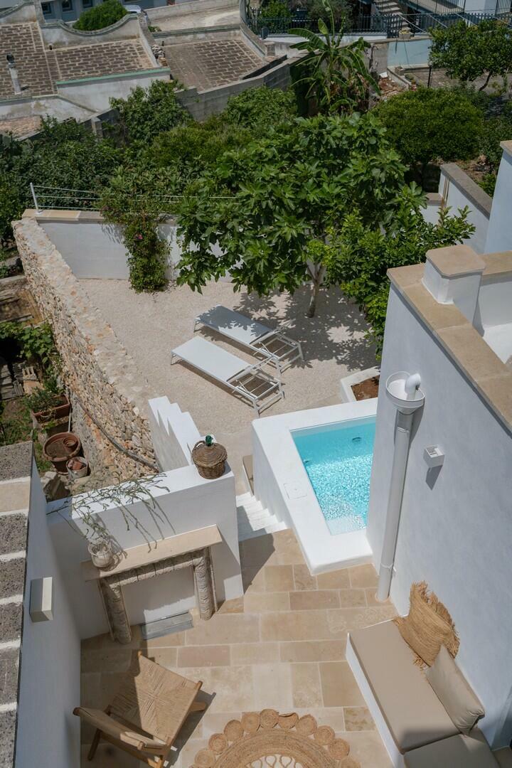 An aerial view of the outdoor patio showcases a mini-pool and two sun loungers under the shade of a fig tree. The space is surrounded by a charming garden featuring various plants and a pebble-stone area, enhancing the serene atmosphere.