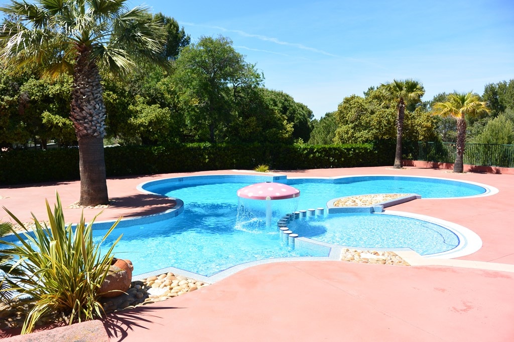 A heated swimming pool is displayed, surrounded by palm trees and landscaped greenery. The pool features a playful fountain at its center, and a spacious deck provides ample area for relaxation. Vibrant blue water contrasts with the pink accents in the design.