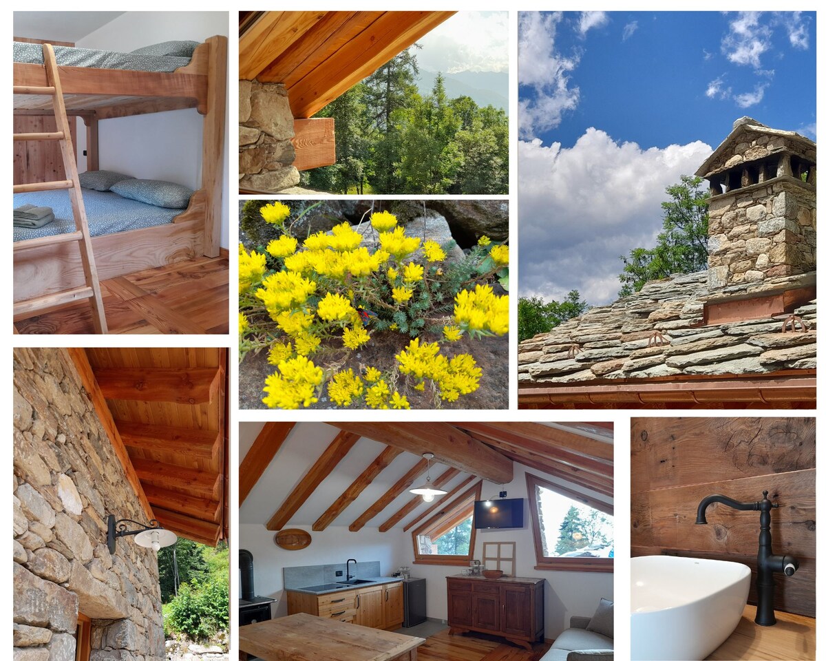The image displays various views of the rustic house, showcasing the wooden bunk bed and stone walls. A charming kitchen area with exposed beams is complemented by large windows that offer mountain views. The vibrant yellow flowers and the traditional stone chimney add a natural touch.