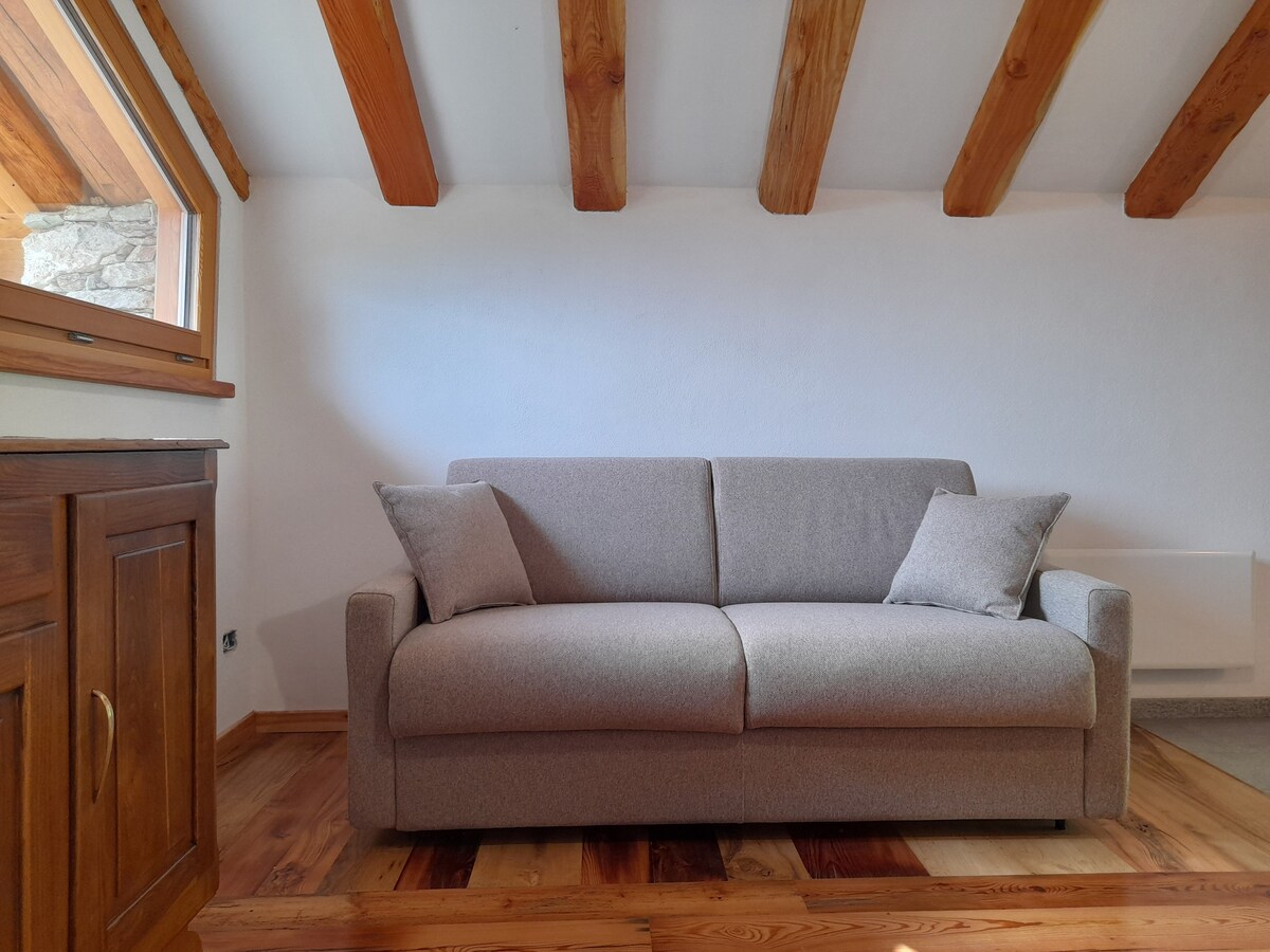 Sofá cama NUEVO en el piso superior, con TV y vistas desde las grandes ventanas.