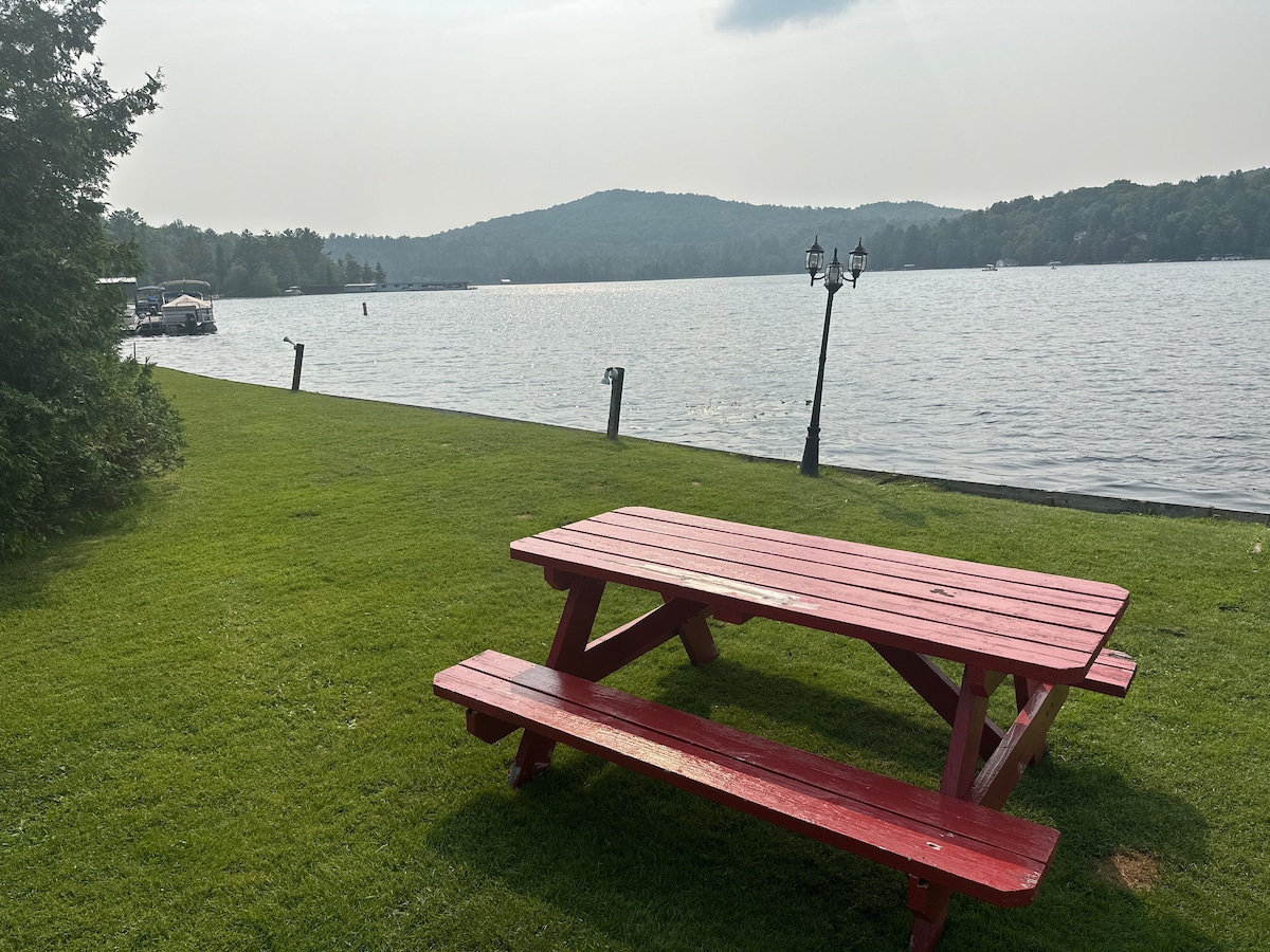 A red picnic table is set on a green lawn, positioned by the water's edge. The calm lake is visible in the background, surrounded by trees and distant hills. A lamppost stands nearby, contributing to the serene outdoor setting.