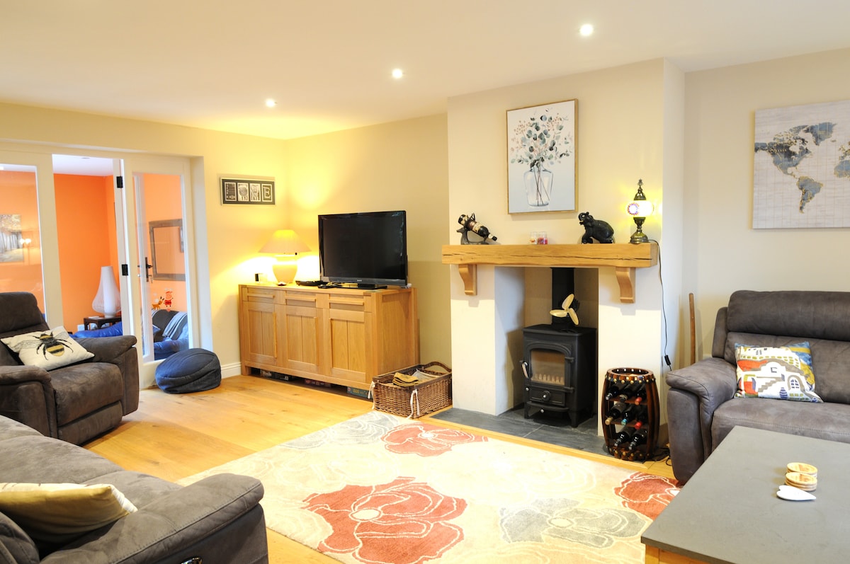 A cozy lounge features a wood burner set within a stone hearth. Comfortable seating is arranged around a large area rug adorned with floral patterns. Light fixtures provide illumination, and a television is situated on a wooden cabinet, adding to the inviting atmosphere.