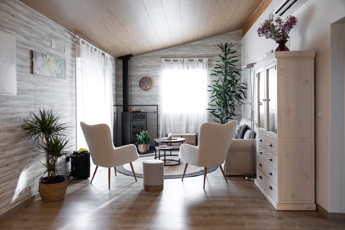 A welcoming living space is presented, featuring two inviting armchairs placed opposite each other. Natural light filters through sheer curtains, illuminating a cozy sofa and a round coffee table at the center. Decorative plants and a minimalist cabinet add elements of warmth and style.
