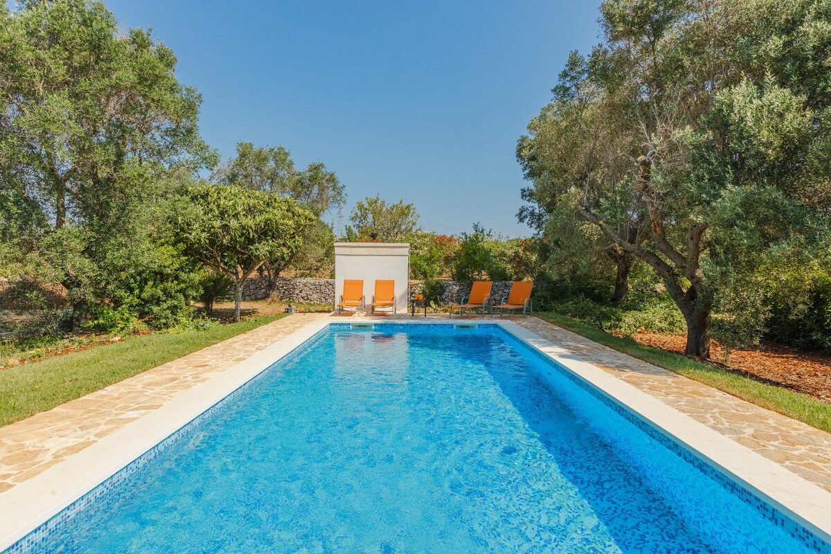 A refreshing outdoor pool is surrounded by a well-maintained garden featuring various trees and greenery. Sun loungers in bright orange are positioned for relaxation beside the water. The sky is clear and blue, enhancing the tranquil ambiance of the space.
