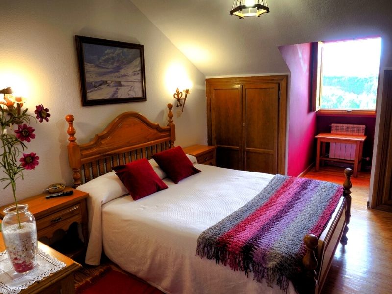 A double room features a spacious bed adorned with decorative pillows. Wooden furniture adds a rustic charm, complemented by a colorful woven blanket. Natural light enters through a window, highlighting the simplicity of the decor, which includes floral accents and a painting on the wall.