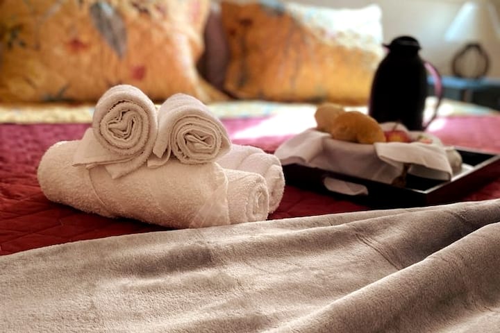 Chumba cha ghorofa ya kwanza chenye ufikiaji, kitanda 1 cha watu wawili na vitanda 2 vya mtu mmoja chini ya kitanda cha watu wawili. Inapoombwa, tutapanga wageni wawili zaidi. Kitanda hiki cha watu wawili pia kinaweza kuondolewa kwenye vitanda viwili pacha.