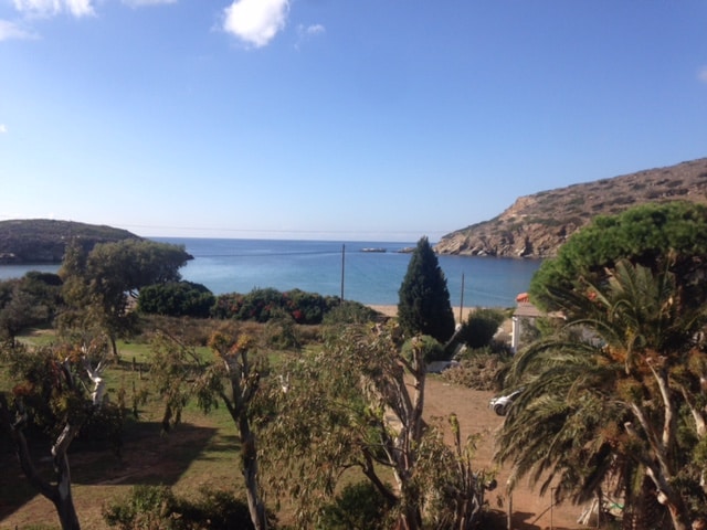 A serene coastal view stretches across a calm blue sea, framed by lush greenery and a sandy shore. Gentle waves lap against the coastline, while distant hills rise against a clear sky, creating a peaceful natural landscape.