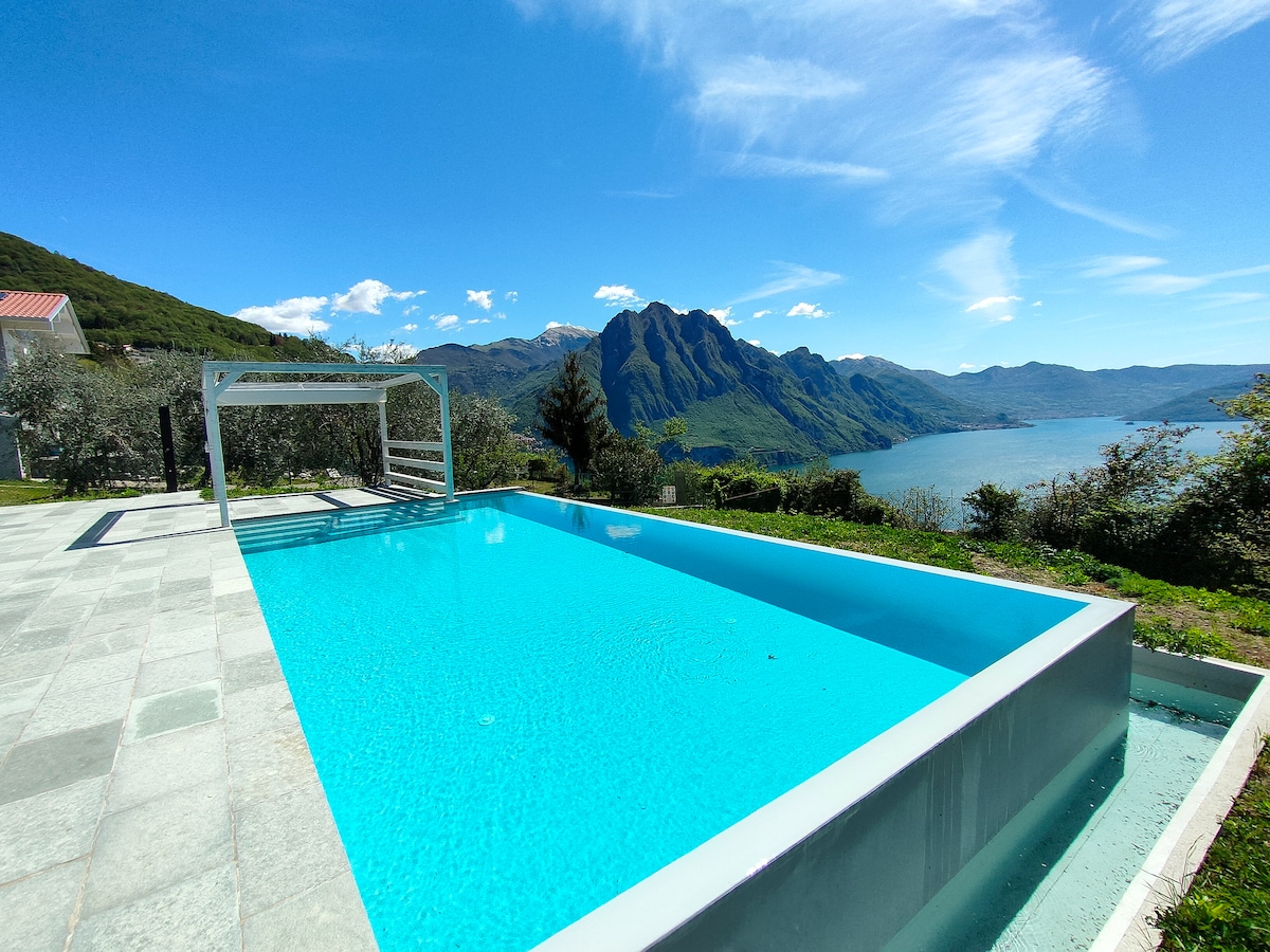 An expansive infinity pool is seen overlooking the serene Lake Iseo, surrounded by lush greenery and distant mountains under a clear blue sky. The pool's shimmering turquoise water reflects the landscape, inviting relaxation and tranquility.