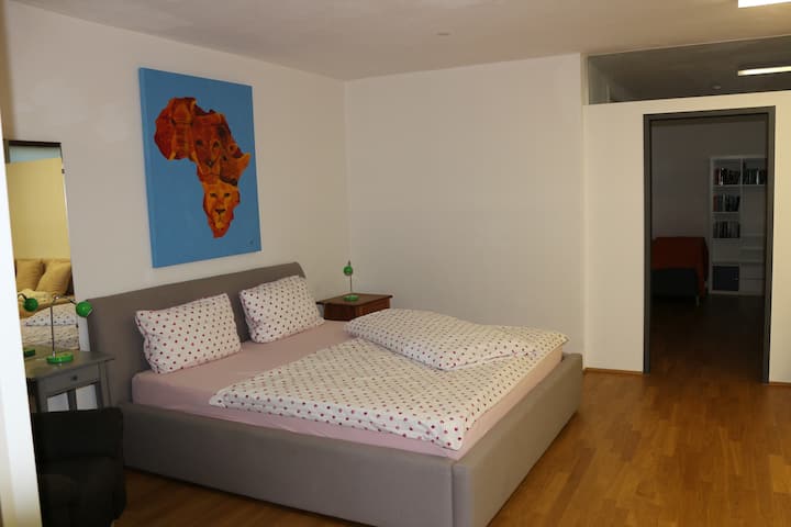 Dhomë gjumi në katin e poshtëm me divan krevat, dhomë shëtitëse