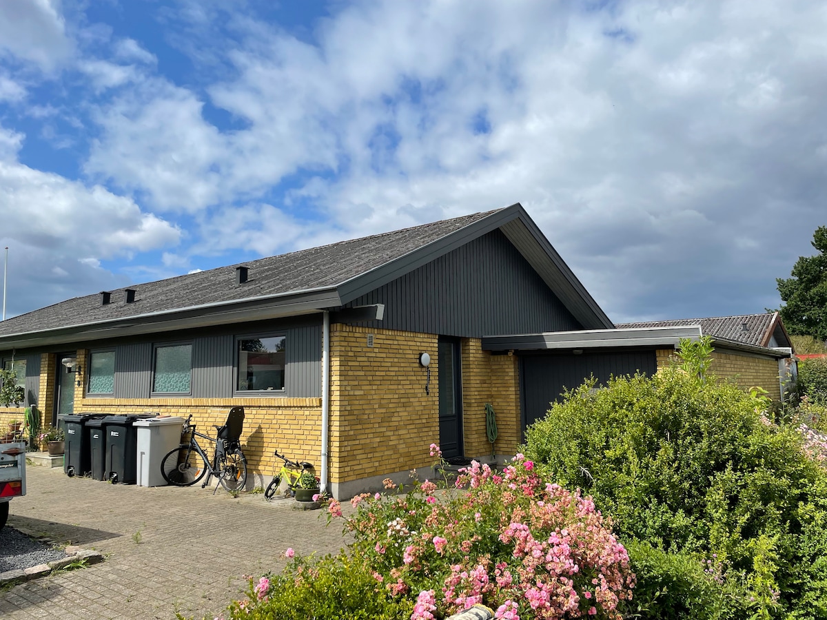 A single-story house with a modern design is featured, showcasing a yellow brick exterior and a dark roof. A well-maintained garden with pink flowers is present in the foreground, alongside bicycles and waste bins positioned near the entrance.