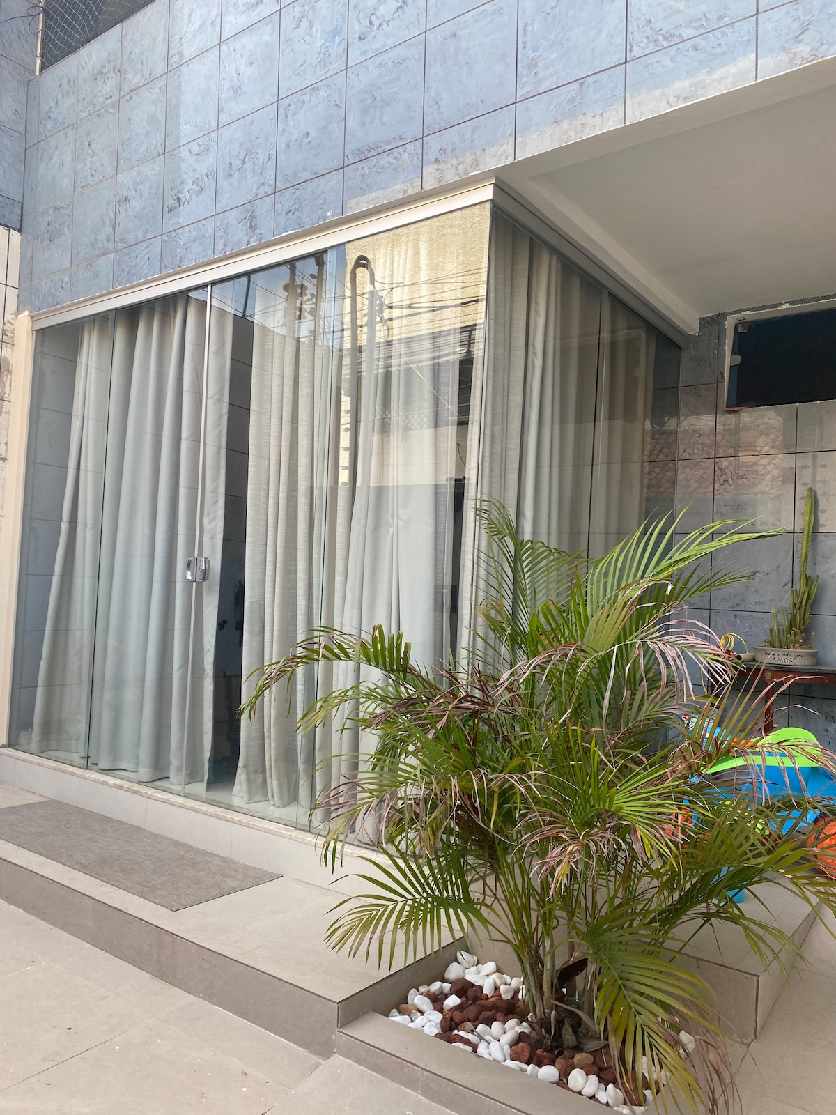 A modern entrance with large glass doors features sheer curtains that softly diffuse natural light. Potted plants, including a lush green palm, are placed alongside the entrance, adding a touch of nature to the sleek stone facade.