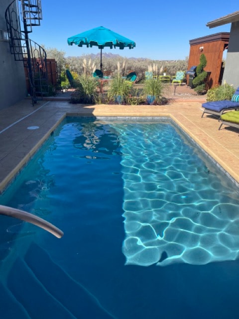 A private in-ground pool is situated in a sunny outdoor area, surrounded by lush greenery. A vibrant blue umbrella provides shade over a seating area. The pool's clear water reflects the sky, creating a serene environment perfect for relaxation.
