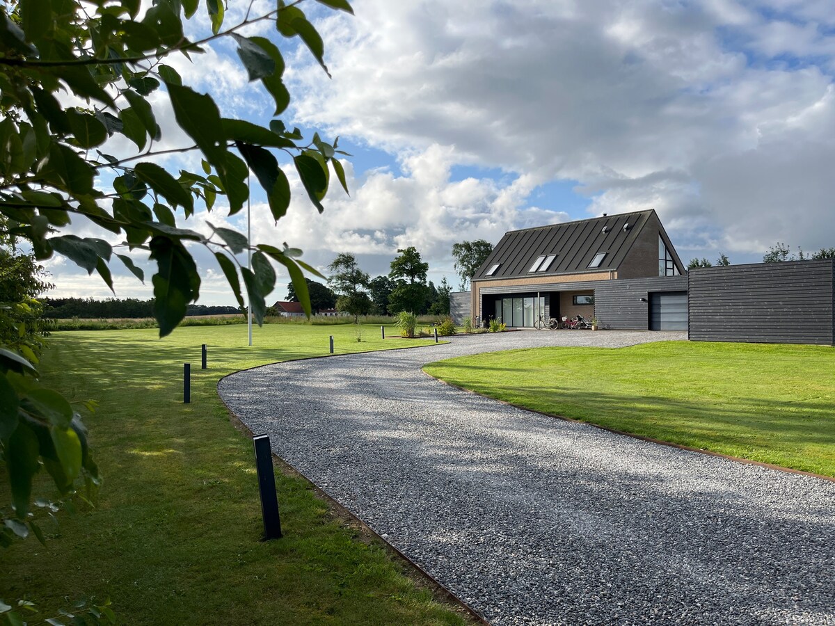 A modern house with a slanted roof is set against a cloudy sky. A gravel driveway leads to the entrance, surrounded by well-maintained green grass and trees. The exterior features large windows and a blend of materials, creating a contemporary look.