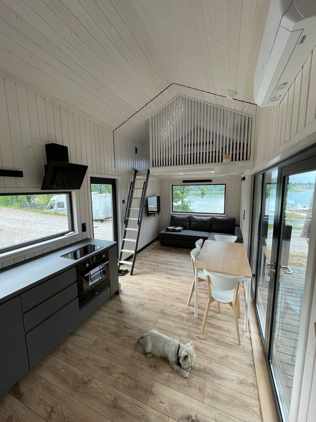 An open living space features high ceilings with a lofted sleeping area above. A modern kitchen with dark cabinetry and a dining table with white chairs is visible. A comfortable sofa faces large glass doors that offer a view of the outdoors.