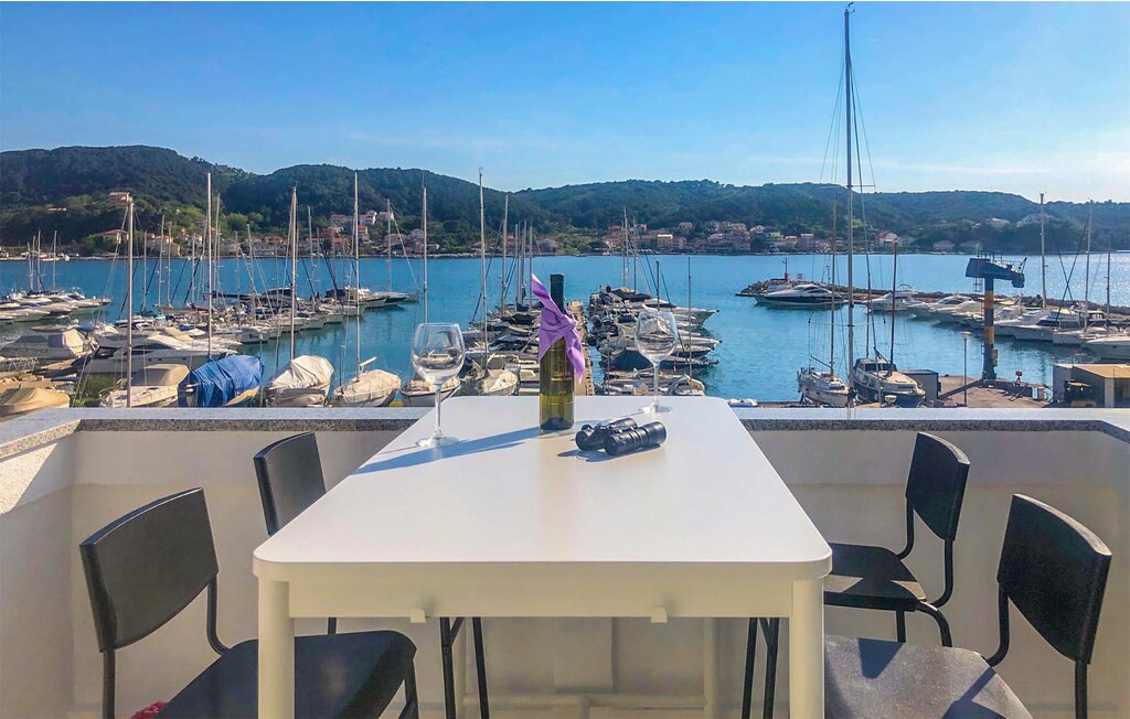 A dining table is set outside with two wine glasses and a bottle of wine, overlooking the marina. The scene features numerous boats docked in the calm water, with lush green hills in the background under a clear blue sky.