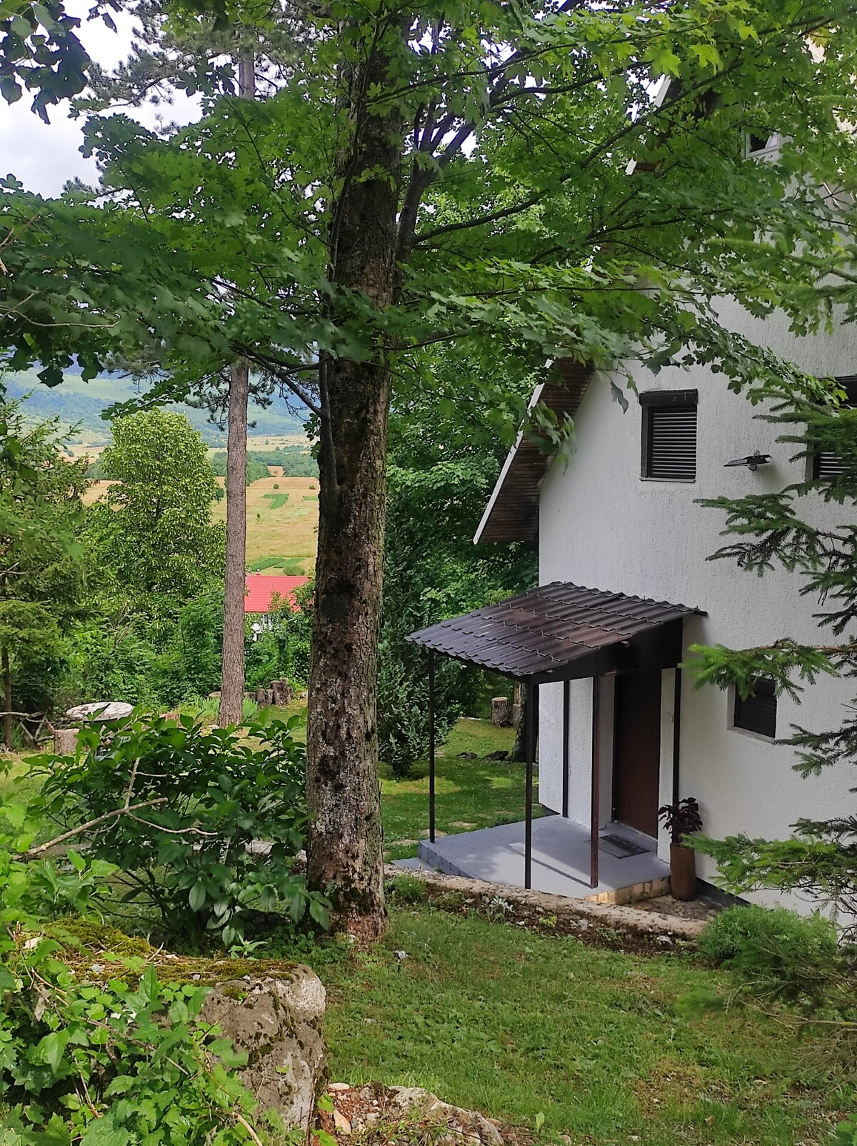 A white two-story house is nestled among lush greenery, with a covered entrance leading to a small patio. Tall trees provide shade, while rolling hills and distant rooftops are visible in the background. The natural setting offers a serene atmosphere.