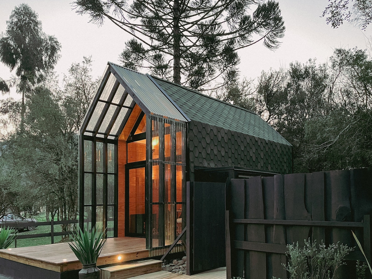 A unique cabin features a striking design with a sloped roof and expansive glass panels, allowing natural light to illuminate the interior. Surrounded by greenery, the structure provides a tranquil setting with a wooden deck leading to the entryway.