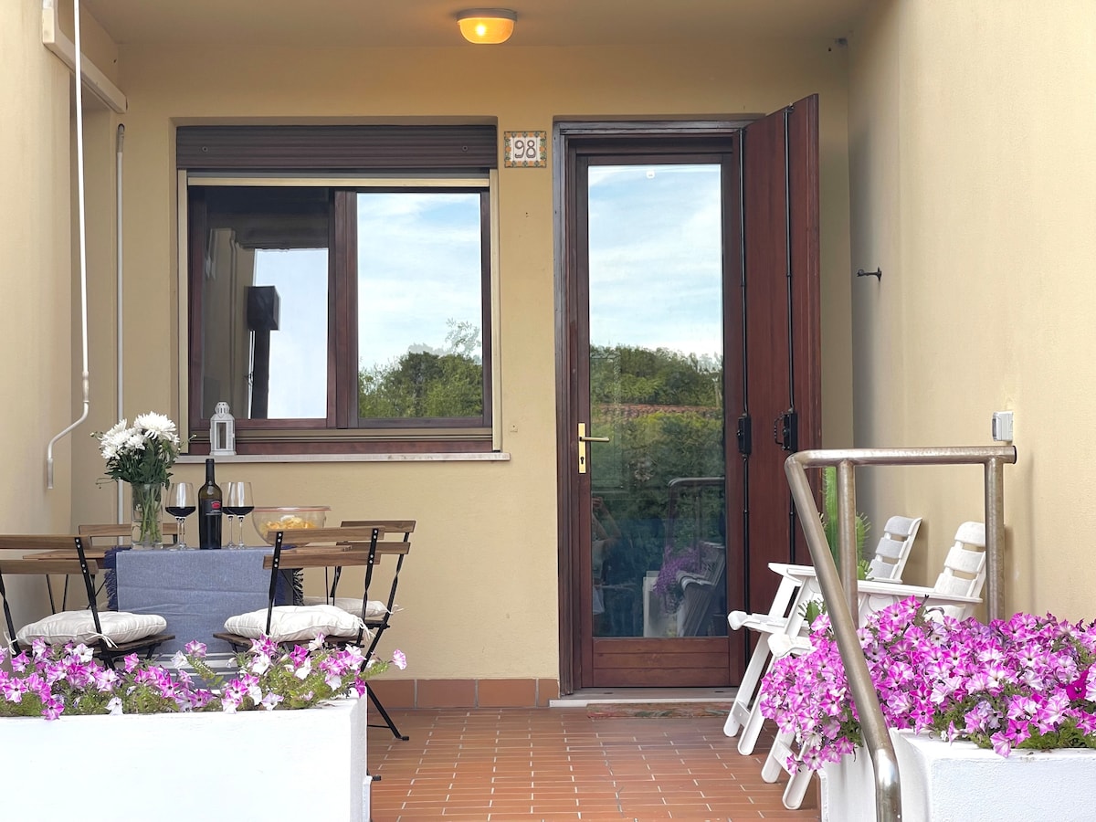 An outdoor patio area is presented, featuring a table with four chairs and decorative pink flowers nearby. A door leads inside, flanked by two windows that provide natural light. The overall space is designed for relaxation and outdoor dining.