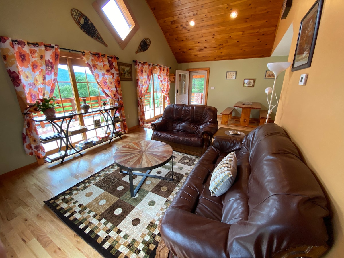 A cozy living area features two leather sofas facing a circular coffee table on a patterned rug. Large windows are dressed with floral curtains, providing views of the outdoors. Wood accents and warm lighting complement the inviting atmosphere.