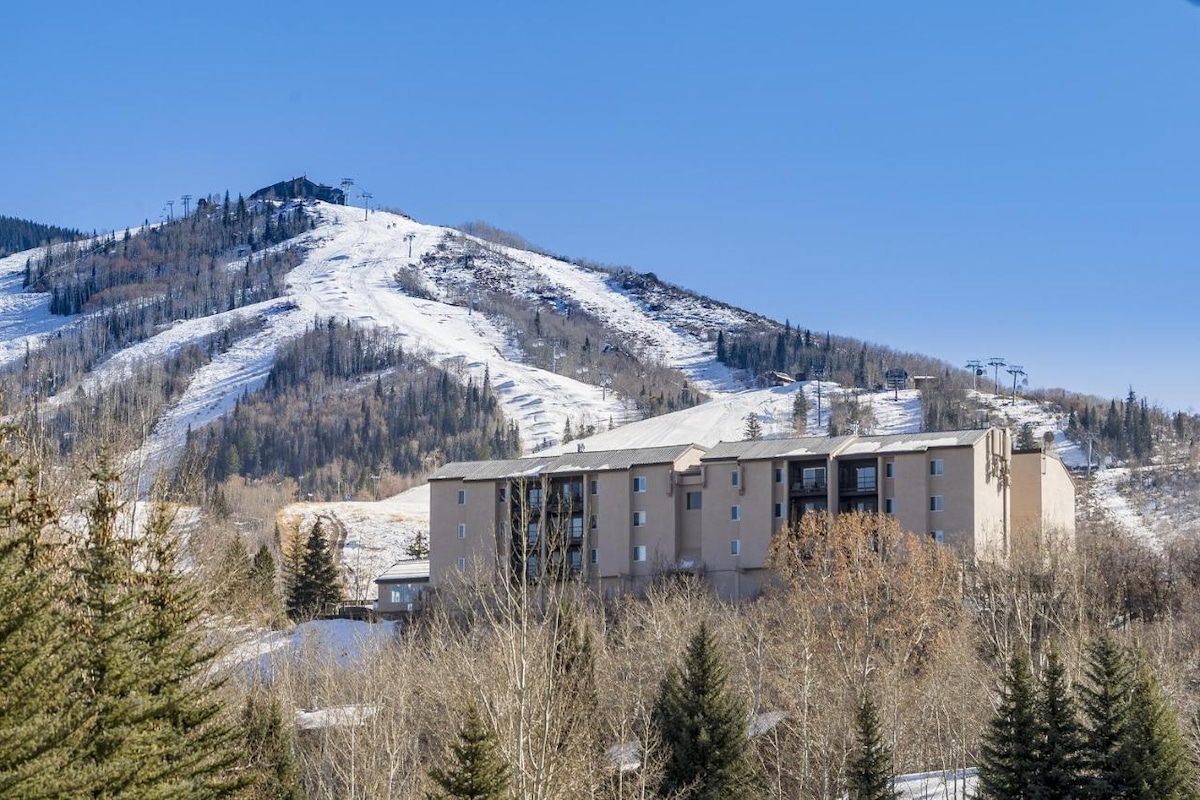 A view of the condominium complex is presented against a backdrop of snow-covered mountains. The slopes can be seen in the distance, showcasing the destination's appeal for winter sports enthusiasts. Surrounding trees add a touch of nature to the scene.