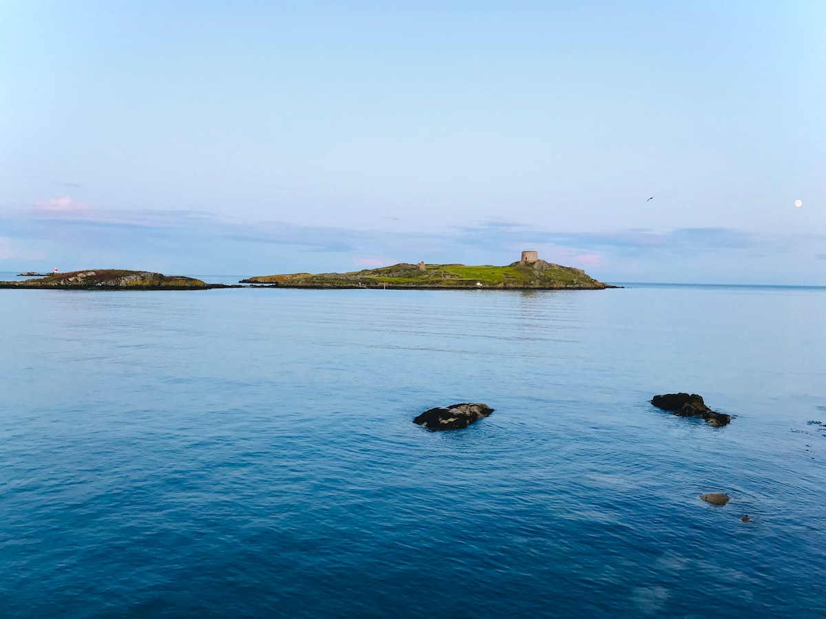 A serene coastal view captures a small, grassy island, featuring a historic tower, gently reflected in calm waters under a pastel sky. Smooth rocks are visible in the foreground, enhancing the tranquil atmosphere of the scene.