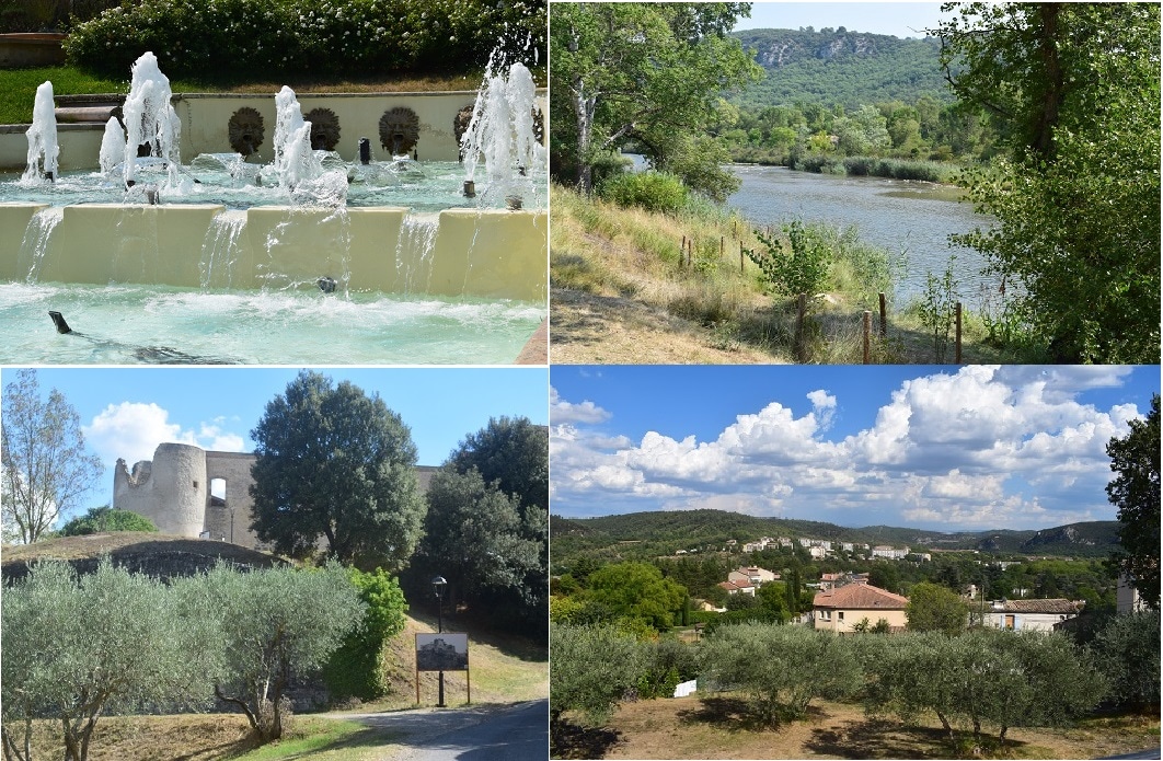 A serene water fountain is shown, with water gracefully cascading into a circular basin. A calm river can be seen meandering through lush greenery, while an ancient stone structure nestled among trees offers a glimpse of history. Olive trees dot the landscape, providing a touch of nature.