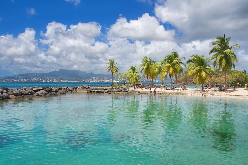 A serene beach scene showcases calm turquoise waters framed by swaying palm trees. The sandy shore is dotted with visitors enjoying the sun, while rocky formations line the water's edge. In the distance, lush hills and clouds add depth to the landscape.