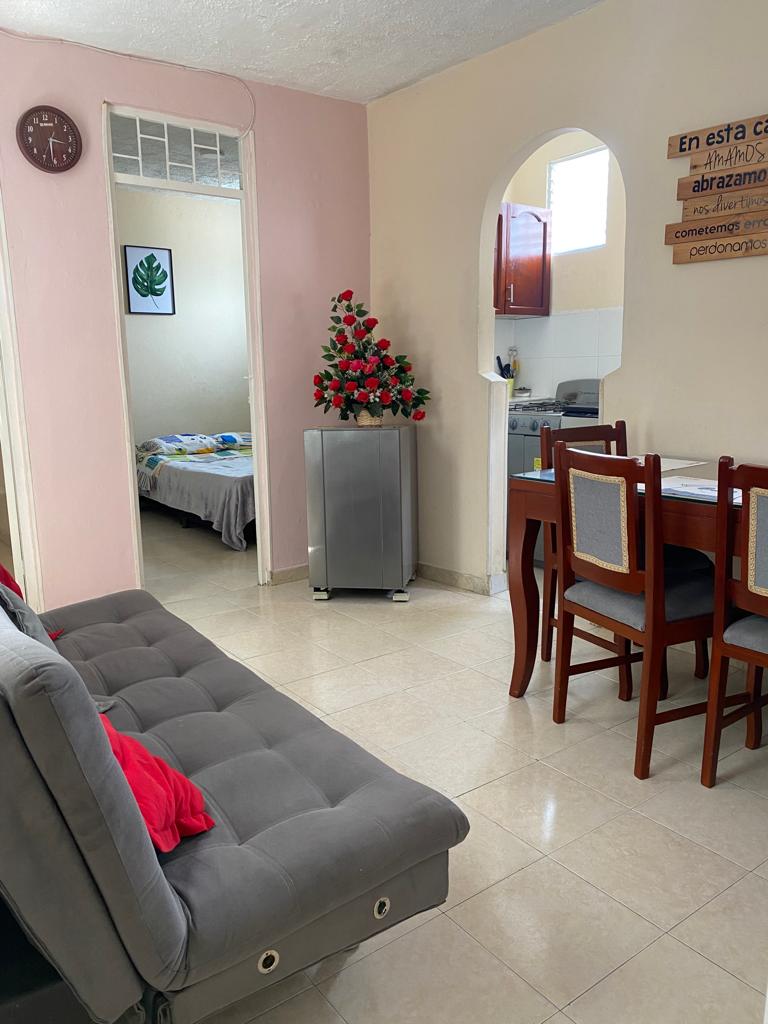 A living area showcases a gray sofa adorned with red cushions, complemented by a dining table surrounded by four chairs. A decorative plant and a small Christmas tree add a festive touch. The surroundings reveal a doorway leading to a bedroom and warm pastel wall tones.