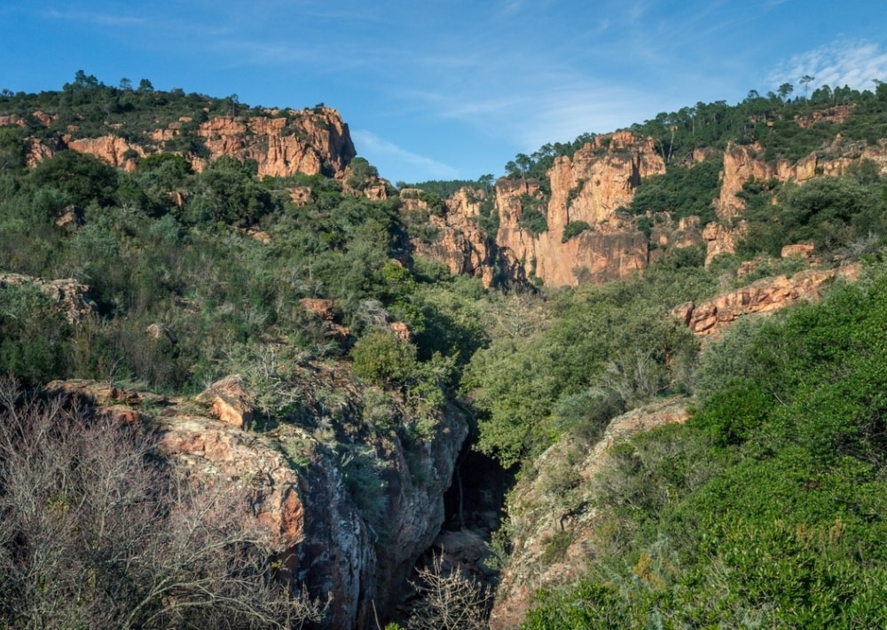 A rocky landscape features steep cliffs covered in greenery, surrounded by trees and shrubs. The sunlight illuminates the terrain, creating a contrast between the reddish-brown rocks and the lush foliage below. A gorge is visible, leading into the depths of the natural setting.