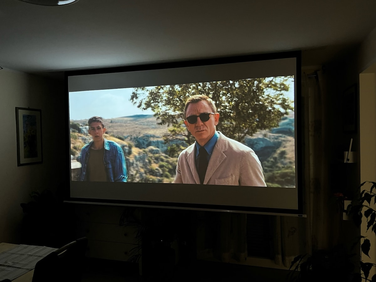 A projector screen displays a scene from a film, featuring two individuals standing outdoors against a backdrop of rolling hills and trees. The room is dimly lit, contributing to the cinematic atmosphere, and a dining table is visible in the foreground.