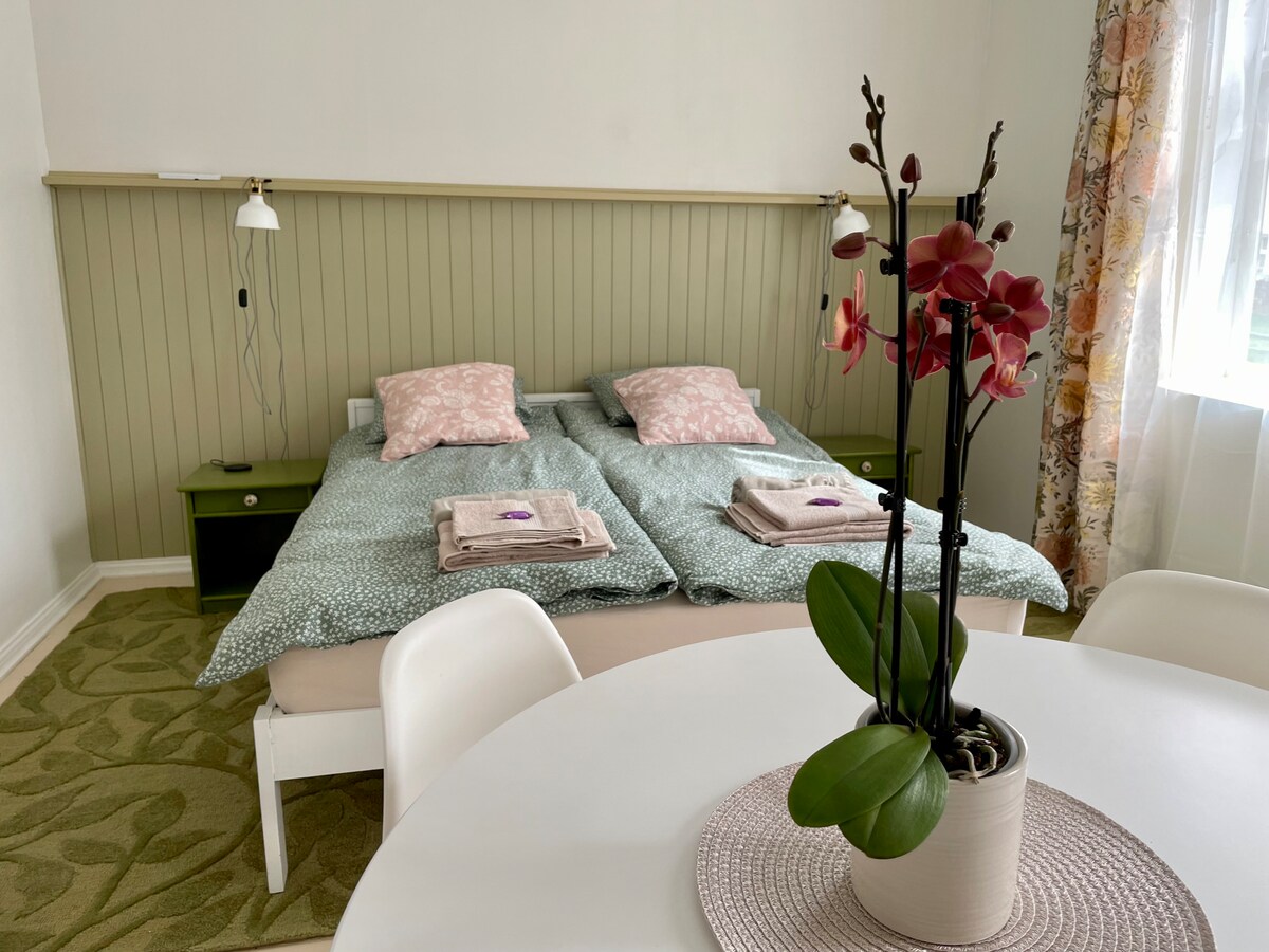 A comfortable sleeping area is represented with twin beds featuring light green bedding and decorative pink pillows. A neatly arranged flower pot with an orchid is centered on a round dining table, while soft, natural light enters through the curtains.