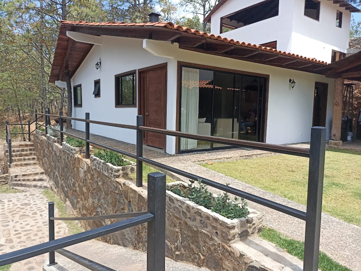 The exterior of a well-maintained house is depicted, featuring a stone pathway leading to a landscaped area. Large glass doors allow light into the interior, while a covered terrace can be seen above. The surrounding natural environment includes trees and greenery.