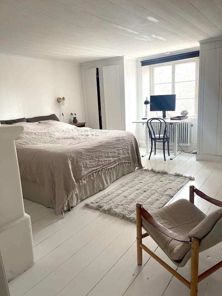 Главна зграда - главна спална соба. Работен простор со биро прилагодливо за стоење/седење и надворешен монитор.