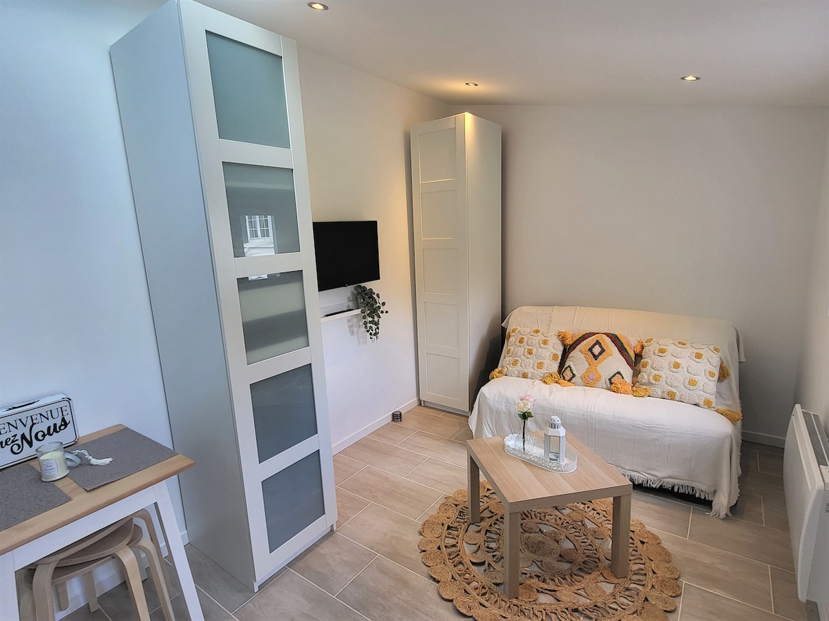 A bright seating area is furnished with a comfortable sofa bed and a small table. A TV is mounted on the wall, and natural light fills the room through recessed lighting. Decorative accents include a round rug and soft throw pillows.