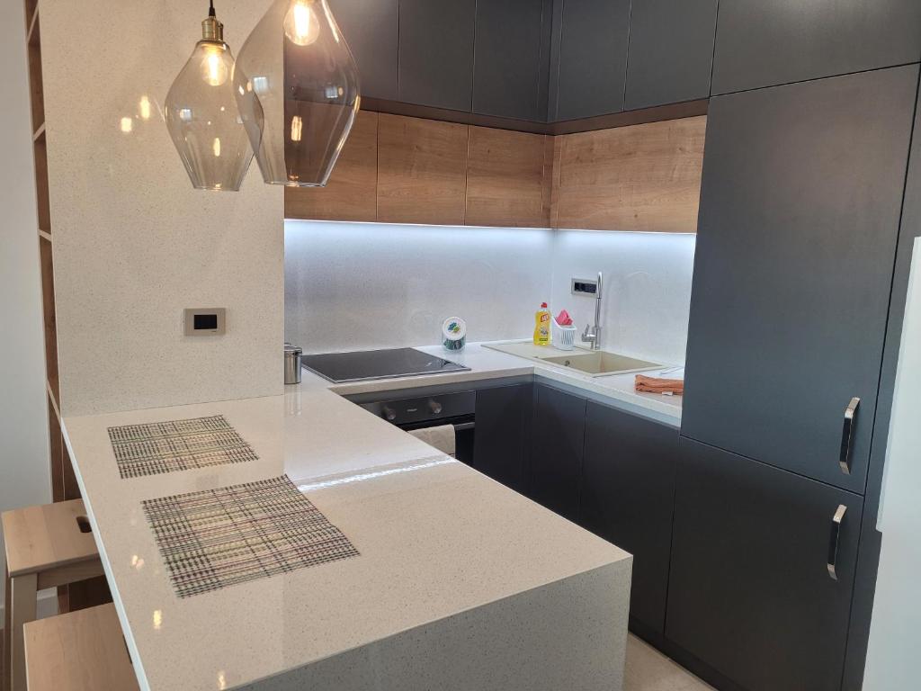 The kitchen area is equipped with modern appliances, including a dishwasher and an oven, set within sleek cabinetry. A white countertop features a minimalist design, while pendant lights illuminate the space. A small dining table introduces a practical element to the kitchen layout.