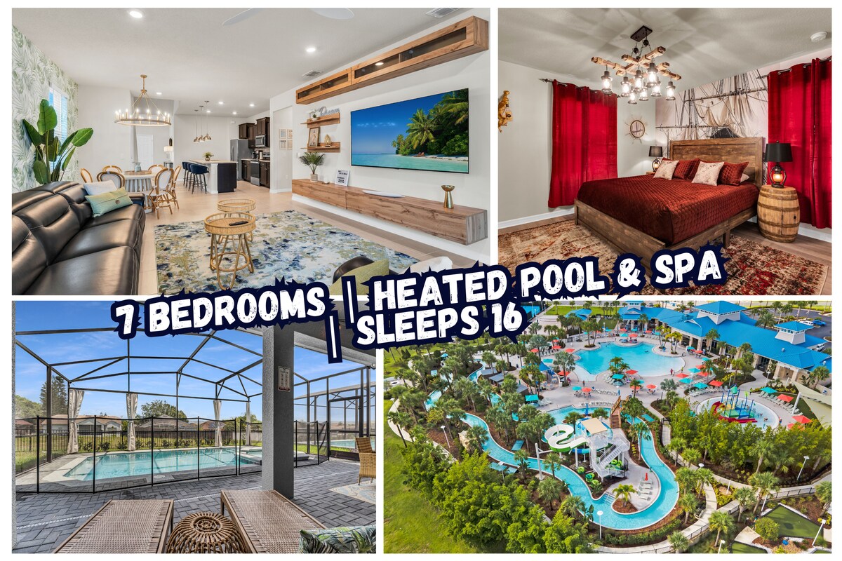The image showcases four distinct views of the villa. The spacious living room displays comfortable seating and a large flat-screen TV. The master bedroom features a richly colored bedding set. The outdoor area includes a screened-in heated pool and spa. A vibrant aerial view reveals the extensive resort amenities, including a water park.