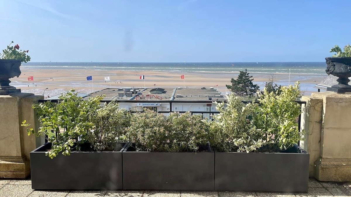 A terrace features large planters filled with a variety of greenery, providing a natural border. In the background, the expansive beach and ocean can be seen under a clear blue sky. Flags and beach structures are visible, enhancing the coastal setting.