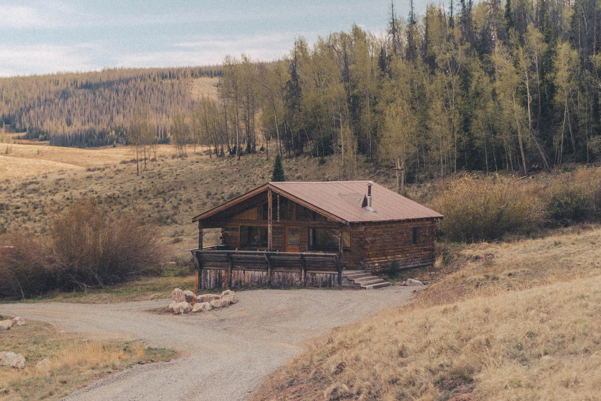 The cabin stands amid a vast landscape, framed by distant trees and rolling hills. Its wooden exterior blends harmoniously with the natural surroundings, featuring a large deck that invites outdoor relaxation. The gravel driveway leads up to the cabin, enhancing its secluded charm.