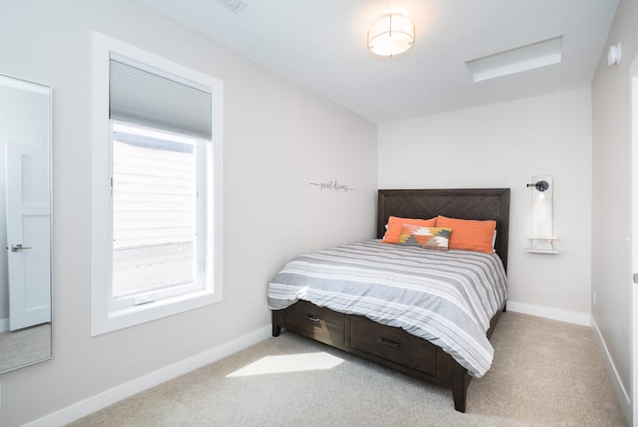 Bedroom 1 - Includes a comfortable queen bed (Nectar mattress), closet, full-length mirror, sound machine and blackout shades. 