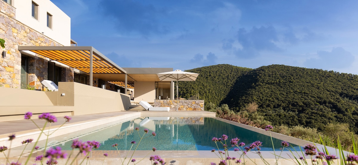 An infinity pool reflects the blue sky, while rolling green hills rise in the background. Modern outdoor seating under a shaded area complements the elegant architecture, and vibrant flowers add a touch of color to the serene environment.